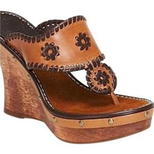 Brown and tan leather Jack Rogers Marbella wooden wedge sandals size 7!